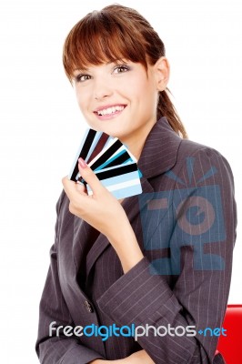 Happy Woman With Credit Cards Stock Photo