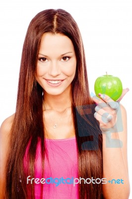 Happy Woman With Green Apple Stock Photo