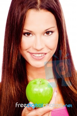 Happy Woman With Green Apple Stock Photo