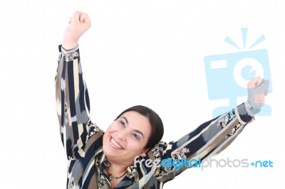 Happy Woman With Hands Up Stock Photo