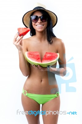 Happy Young Girl In Topless, Eating A Watermelon Stock Photo