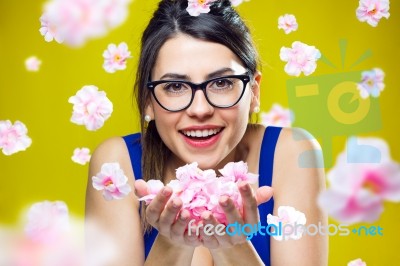 Happy Young Girl With Flowers Stock Photo