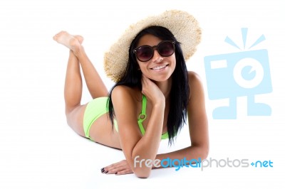 Happy Young Girl With Hat And Green Bikini Stock Photo