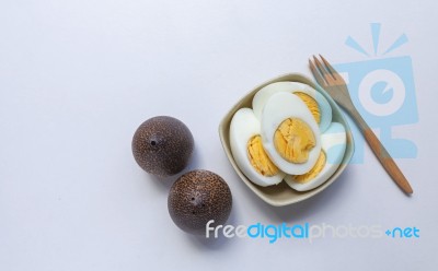 Hard Boil Egg With Wooden Salt And Papper Shaker Stock Photo