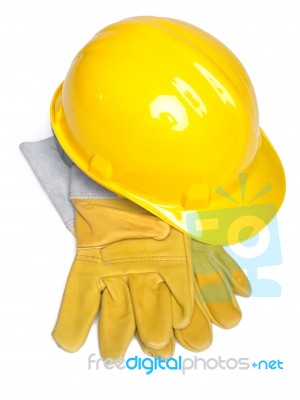 Hard Hat And Leather Gloves Stock Photo