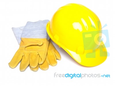 Hard Hat And Leather Gloves Stock Photo