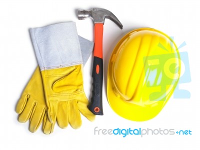 Hard Hat Hammer And Leather Gloves Stock Photo