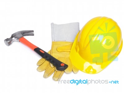 Hard Hat Hammer And Leather Gloves Stock Photo