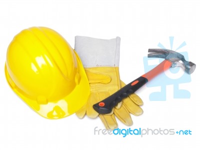 Hard Hat Hammer And Leather Gloves Stock Photo