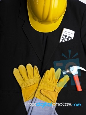 Hard hat Hammer Gloves Calculator Stock Photo