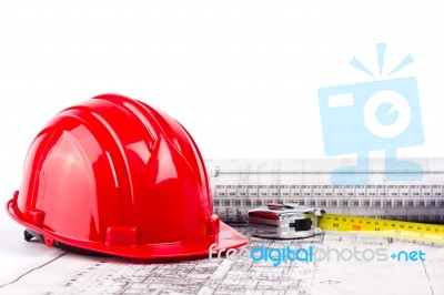 Hard Hat On Blueprint Stock Photo