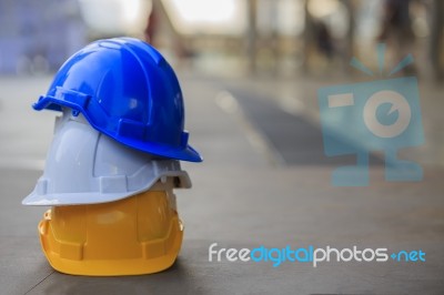 Hard Safety Helmet Hat For Safety Project Of Workman As Engineer Or Worker Stock Photo