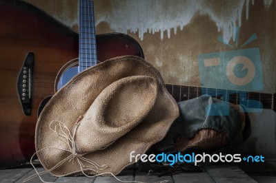 Hat And Equipment In Tour On Wooden Stock Photo