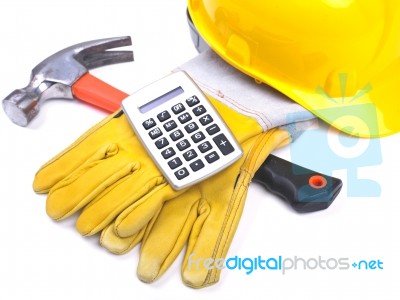 Hat Hammer Calculator and Gloves Stock Photo