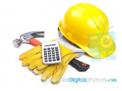 Hat Hammer Calculator and Gloves Stock Photo