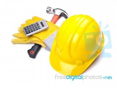 Hat Hammer Calculator and Gloves Stock Photo