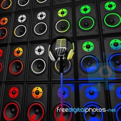 Headphones Microphone And Speakers Show Music Performance Or Ent… Stock Image