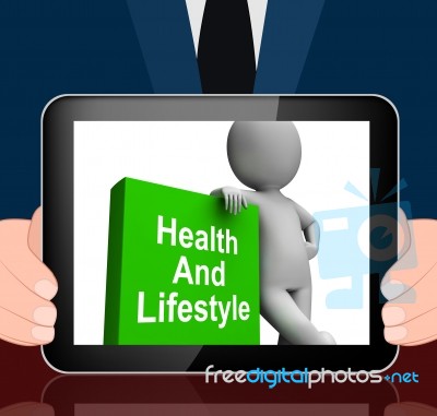 Health And Lifestyle Book With Character Displays Healthy Living… Stock Image