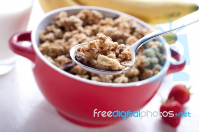 Healthy Breakfast In The Red Bowl Stock Photo