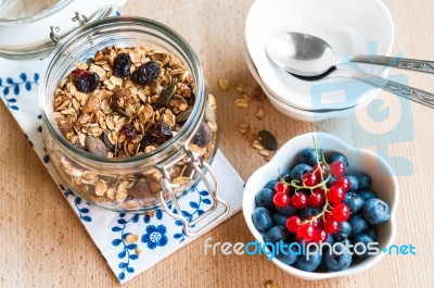 Healthy Breakfast With Granola And Fresh Fruits Stock Photo