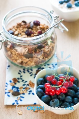 Healthy Breakfast With Granola And Fresh Fruits Stock Photo