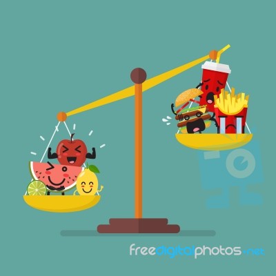 Healthy Food And Junk Food Balancing On Scales Stock Image