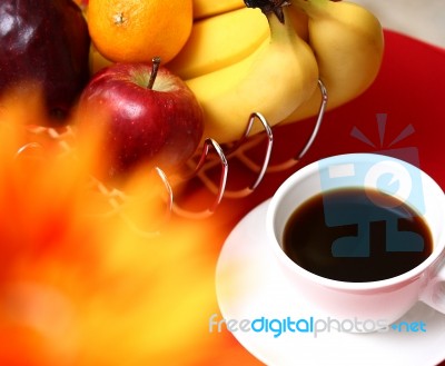 Healthy Fruits With Coffee Stock Photo