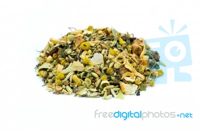 Heap Of Loose Mixture Of Herbal Tea On White Background Stock Photo