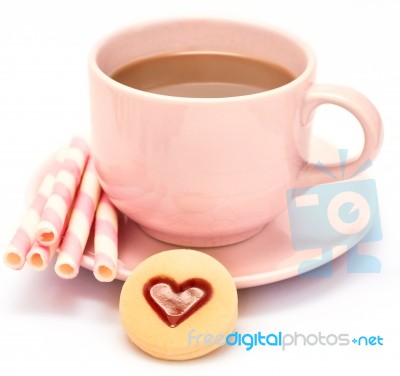 Heart And Coffee Means Bickies Snack And Delicious Stock Photo