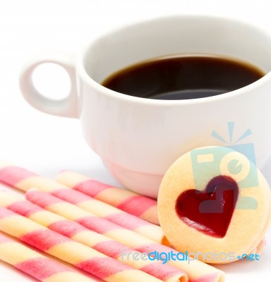 Heart Coffee Cookie Means Valentines Cracker And Biscuit Stock Photo