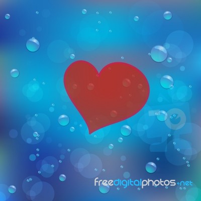 Heart Drawn On Water Bubbles And Bokeh Blue Background Stock Photo