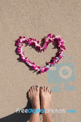 Heart Orchid Flower Garland White Sea Sand Beach Woman Feet Stock Photo