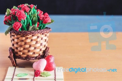 Hearts And Roses On Bamboo Pots Stock Photo