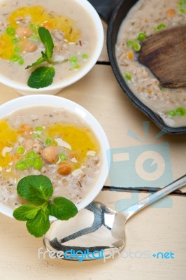 Hearty Middle Eastern Chickpea And Barley Soup Stock Photo