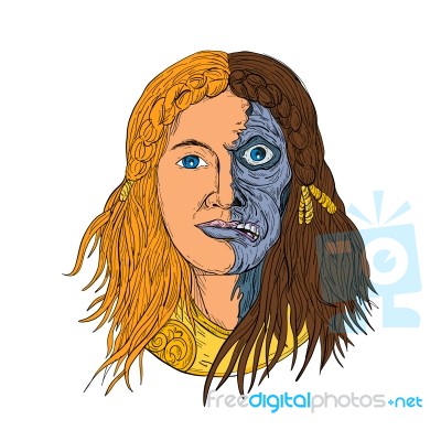 Hel Norse Goddess Face Front Drawing Color Stock Image