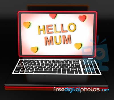 Hello Mom On Laptop Showing Digital Greetings Card Stock Image