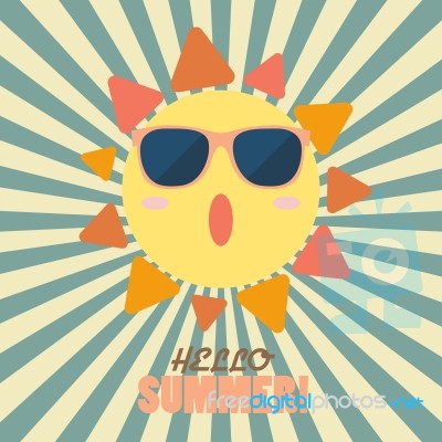 Hello Summer With Happy Sun On Sunburst Pattern Stock Image