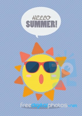 Hello Summer With Happy Sun On Sunburst Pattern Stock Image