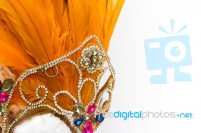 Helmet Decorated With Bright Stones And Faisan Feathers For Carnival Stock Photo