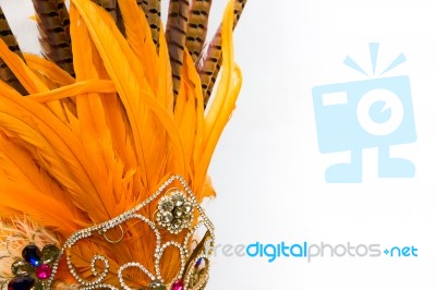 Helmet Decorated With Bright Stones And Faisan Feathers For Carnival Stock Photo