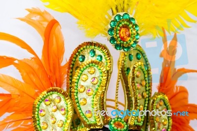 Helmet Decorated With Bright Stones And Feathers For Carnival Stock Photo