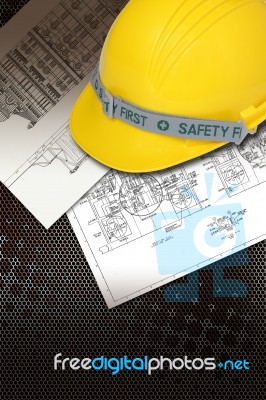 Helmet Of Constructor With Blueprints Stock Photo