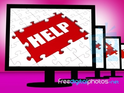 Help On Monitor Shows Customer Helpline Helpdesk Or Support Stock Image