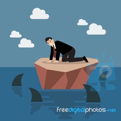 Helpless Businessman On A Small Island Which Surrounded By Shark… Stock Image