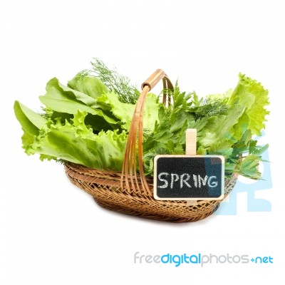 Herbs In A Braided Wooden Basket On White Background With The In… Stock Photo