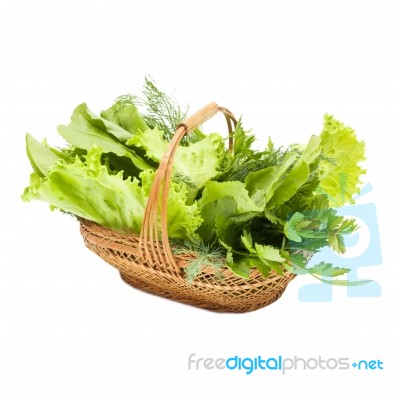 Herbs In A Braided Wooden Basket On White Background With The In… Stock Photo