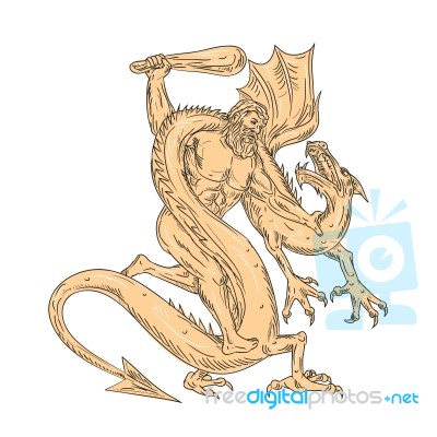 Hercules Fighting Dragon Drawing Color Stock Image