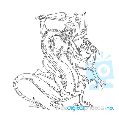 Hercules Grappling Dragon Drawing Black And White Stock Image