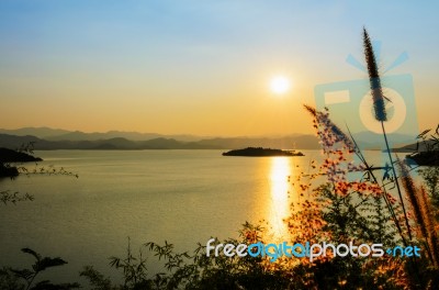 High Angle View Beautiful Lake At Sunset Stock Photo