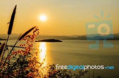 High Angle View Beautiful Lake At Sunset Stock Photo